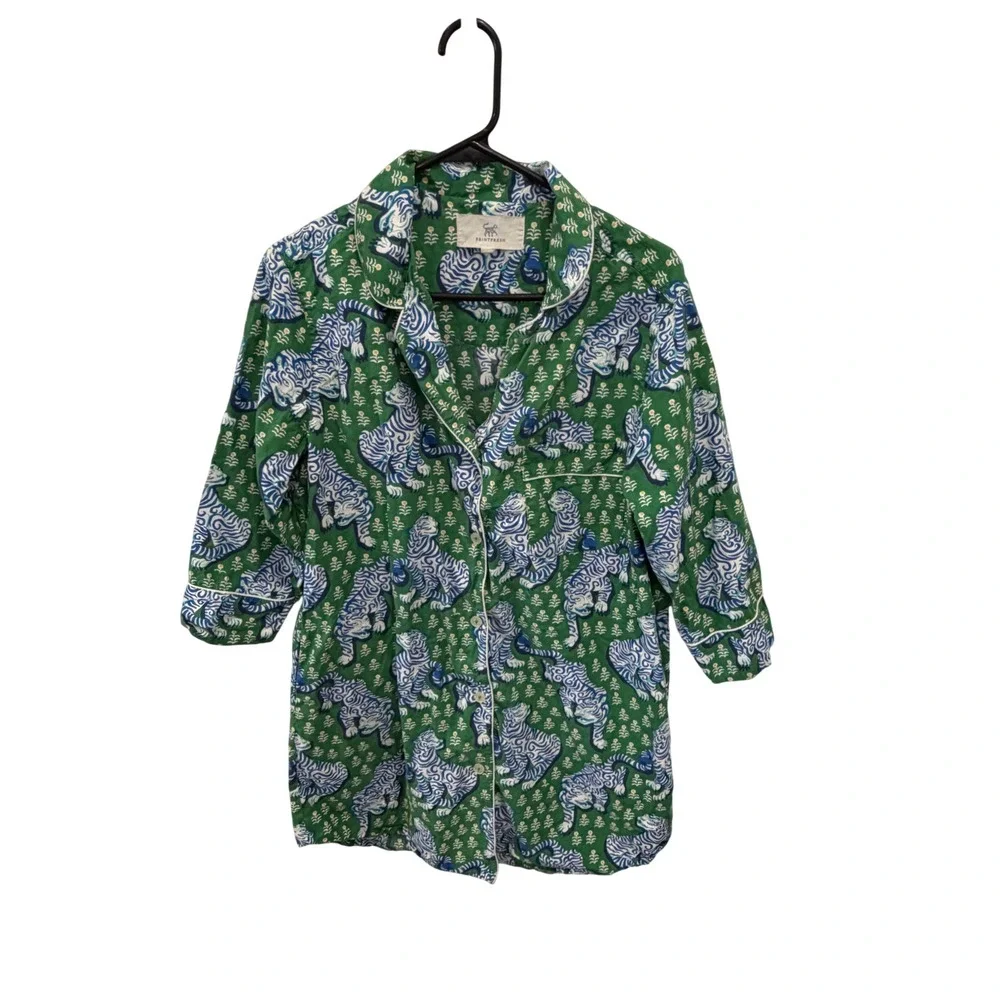 Printfresh Tiger Queen Sleep Shirt Green Blue Cotton Button Front 3/4 Sleeve xs